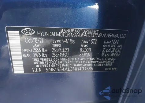 2022 Hyundai Santa Fe Calligraphy z USA, uszkodzony, nr VIN 5NMS54AL5NH403585